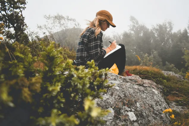 En person sitter på en sten i dimmig skog och skriver i en anteckningsbok.